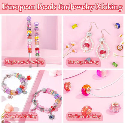 Cludoo Large Hole Glass Beads for Jewelry Making, 224PCS European Beads Bulk Mixed Color Spacer Bead with Rhinestones Lampwork Beads for DIY Craft Charms Bracelet Necklace Earring Making