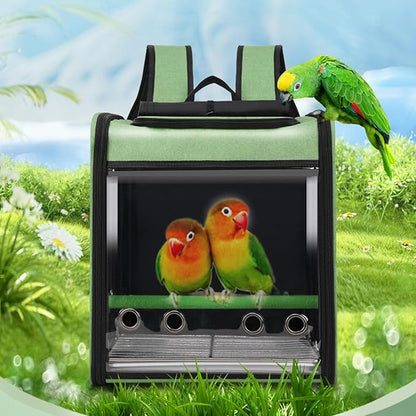 Bird Stroller Bird Backpack Carrier with Perch 14 * 11 * 16in Panoramic View with 3 Side Vents Removable Tray for Conures Parakeet Budgie (Green)