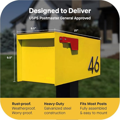 Adoorn Post Mount Outdoor Mailboxes - Large Decorative Mailbox for Letters and Packages - Weatherproof Construction - Durable Steel - Magnetic Closure - 9.5” H x 9.5” W x 20.75” D - Yellow