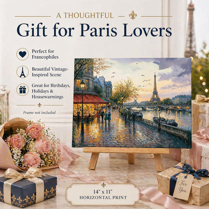 Evening Stroll In Paris: Eiffel Tower And Seine River Cityscape 11x14 Unframed Poster-Romantic French Sunset Painting, Scenic Street Scene, Cobblestone Street, Boat Scene, Parisian Cafe, Dusk Wall Art