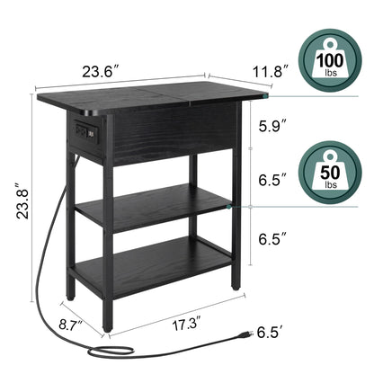 Yoobure End Table with Charging Station, Flip Top Side Table with USB Ports and Outlets, Sofa Couch Table Bedside Table for Living Room Bedroom, Narrow Nightstand with Storage Shelves for Small Space