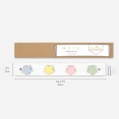 WONDERBEE Kids Coat Rack | Wall Mounted 14” Wooden Hanger | Decorative for Kid's Bedroom, Playroom, Bathroom | 4 Star Shaped Hooks for Hanging Coats, Backpacks & Towels | White