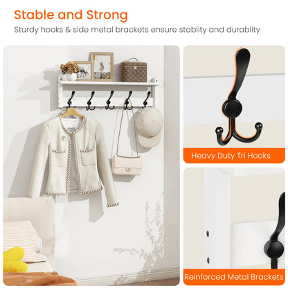 Homode Wall Shelf with Hooks, 24 Inch Coat Rack with Tri Hooks, Farmhouse Entryway Floating Coat Hanger with Storage for Bathroom, Entry Way, Mudroom, White