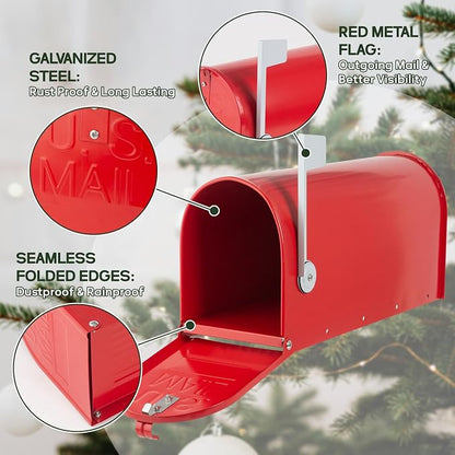 RAINHOL Metal Mailboxes for Outside Post Mount, Galvanized Steel Standard Mail Box, 20 x 8.9 x 6.7 inches, Medium Compacity, Red Mailbox