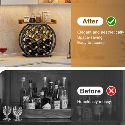 X-cosrack 14 Bottles Countertop Wine Rack with Wooden Tabletop, Round Metal Freestanding Wine Storage Holder, Wine Racks Countertop Wine Bottle Organizer Display Stand for Pantry Home Kitchen Bar