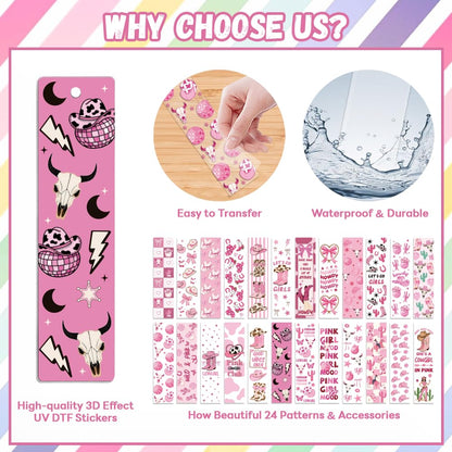 Peacoblue 121pcs Pink Cowgirl UV DTF Acrylic Bookmark Making Kits Carft for Women Men Adult, DIY Cute Bookmarker Decal Stickers Warps Kit for Students Teachers Book Lovers Reading