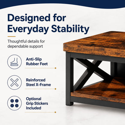 Wooden Step Stool for Adults – 8” Bed Step Stool with Storage Shelf, Anti-Slip Feet, Heavy-Duty Steel Frame, 500 lb Capacity – Rustic Brown
