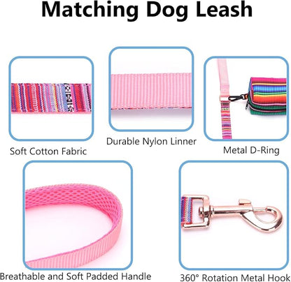 Dog Collar and Leash Set for Dogs Walking Bohemia Ethnic Style | Soft Durable Nylon Adjustable Collar with Metal Buckle 5ft Matching Leash with Padded Handle for Small Medium Large Dogs