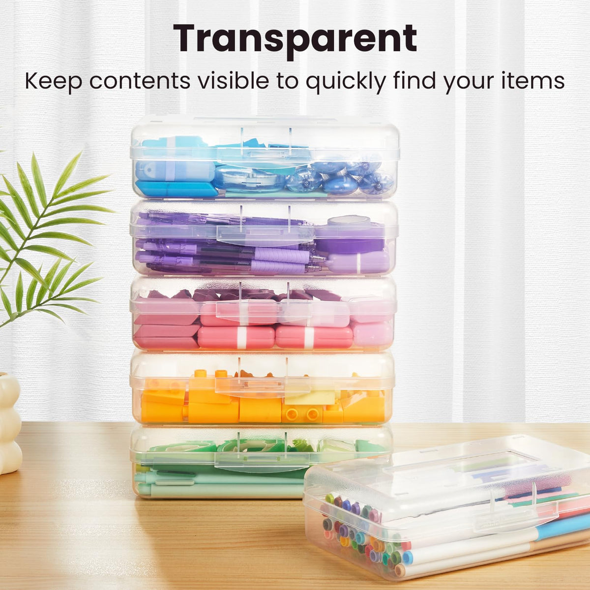 Sooez Plastic Pencil Case Box 6 Pack, Large Crayon Maker Pen Organizer, Plastic Containers with Snap Lids, Stackable Craft Storage Boxes Bulk, School Supplies Art Box for Bead, Clear