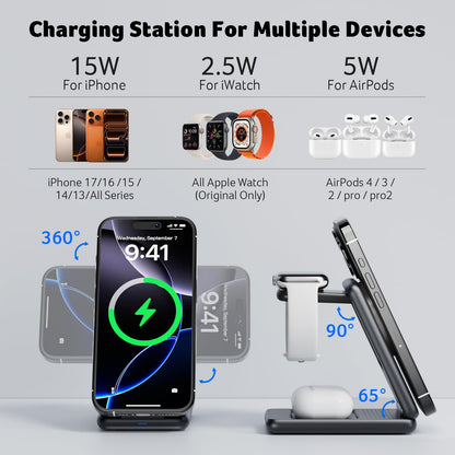 Acer 3 in 1 Charging Station for Apple Device, Magnetic Wireless Foldable Fast Charger Stand Compatible with MagSafe for iPhone, Apple Watch & AirPods, Foldable Charging Dock for Desk S3