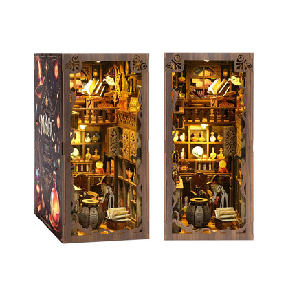 NEXTIPS Magic Academy Book Nook Kit with LED Lights - 3D Wooden DIY Miniature Library for Bookshelf Decor, Gift for Harry Potter Fans