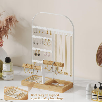BMOSU Jewelry Organizer Stand with Velvet Ring Holder 2 Bracelet Holder Display 4 Tier Jewelry Rack with 8 Necklace Hooks and 48 Earring Holes Organizer Storage Wooden Box White