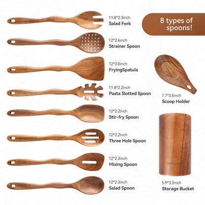 NAYAHOSE Kitchen 10PCS Teak Wooden Utensil Set with Holder and Spoon Rest