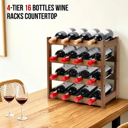Thalomely Bamboo Wine Rack, 4-Tier 16 Bottles Wine Storage Cabinet Shelf, Easy-Assembly Freestanding Bamboo Wine Racks Countertop for Kitchen Pantry Dining Room Bar, Walnut