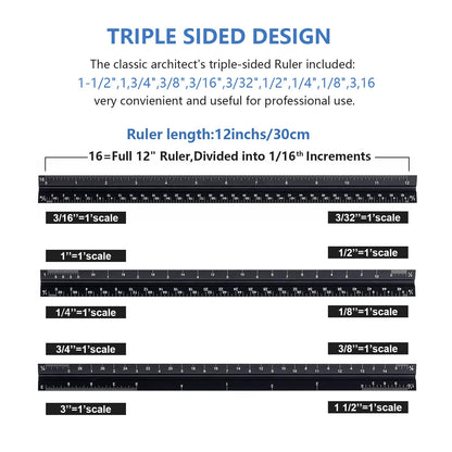 Architectural&Engineering Triangular Scale Ruler, 12 Inch Architectural Scale Ruler Set, Laser-Etched Aluminum with Stainless Steel Ruler for Architects, Students, Draftsman, Engineers (3 PCS)