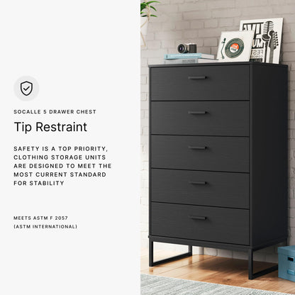 Signature Design by Ashley Socalle Matte Black Finish Chest of Drawers, Modern Tall 5 Drawer Dresser, Engineered Wood (MDF/Particleboard/Plywood) & Decorative Laminate, Bedroom Storage