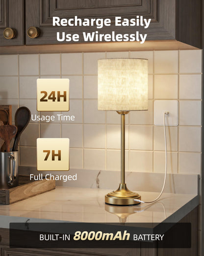 Cordless Table Lamp, 8000mAh, Dimmable, Ambient Light, 2700K, Touch Control, Portable, LED, Wireless, Rechargeable, Battery Operated, Desk Lamp, Kitchen Lamp, Fabric Shade, for Dining Room, Bedroom
