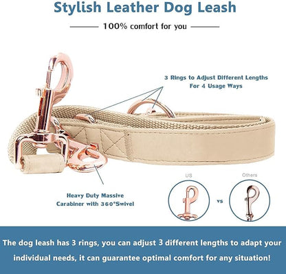 Soft Leather Dog Collar and Leash (6.6') Set - Stylish Rose Gold Heavy Duty Metal Buckle, 4 Adjustable Lengths Leash for Small Medium Large Dogs - Comfortable & Easy to Clean Beige L(15.4"-24.8")
