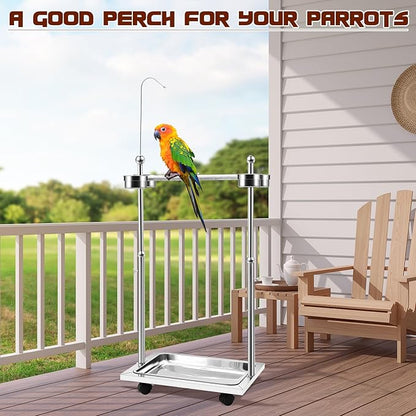 Tandefio Parrot Stand Bird Play Stand 21.65 x 15.35 x 27.95 Inches Large Metal Stainless Steel Bird Playstand Adjustable Height Perch with Universal Wheels and Feeding Bowls