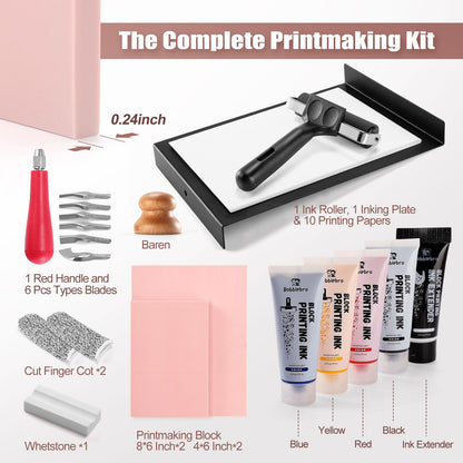 Bobblebro Linoleum Blocks for Printmaking, Stamp Making Carving Linocut Kit for Kids DIY Gift, Rubber Stamp Carving Screen Printing Kit with 4 Colors Block Printing Ink, Rubber Block, Linocut Tools
