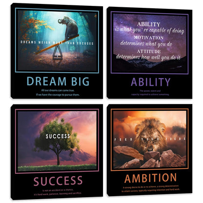 Motivational Wall Decor Art Office Wall Decor Inspirational Wall Art Success Canvas Paintings Quotes Posters Wall Picture 4 Pieces Framed Artwork Living Room Bedroom Home Decoration 20"x20"x4pcs
