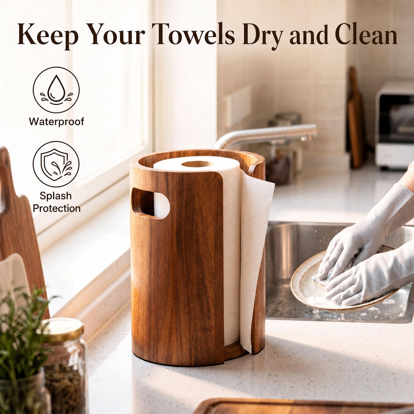 Ferrochef Acacia Wood Paper Towel Holder for Kitchen Countertop 10x7.3in with Splash Guard & Handle, Non-Slip Base, Rustic Farmhouse Paper Towel Stand for Home Office Bathroom Restaurant Hotel