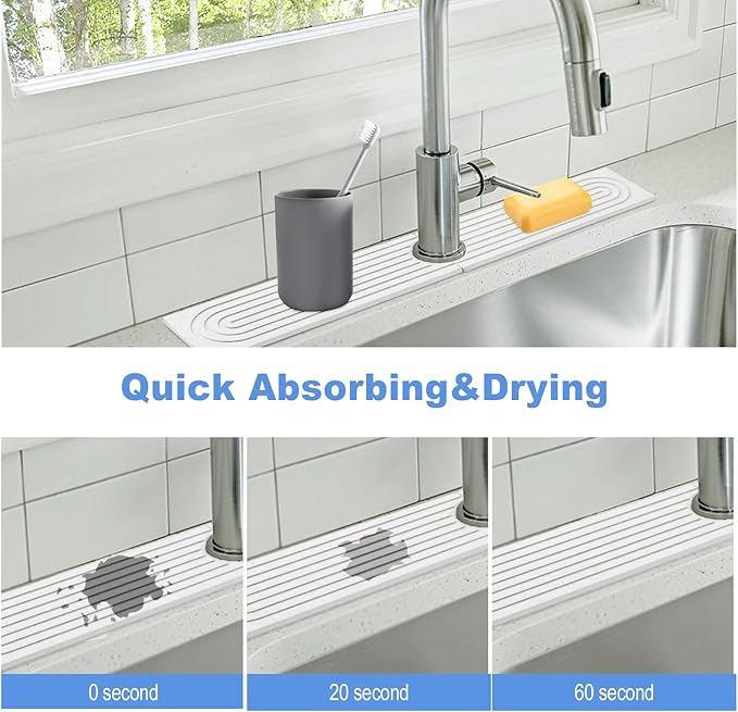 Stone Faucet Mat for Kitchen Sink- 15.6''x 3.9''Diatomite Fast-Drying Faucet Mat