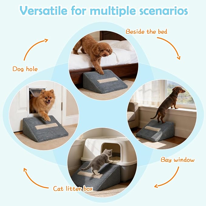 Foam Dog Ramp for Stairs, Low-Impact Climbing Dog Stairs for Senior Dogs | 5.1"H, 2 Pack, 40D High-Density Foam Won't Collapse, Protects Joints, Anti-Slip & Self-Sticky Pads, Washable Cover, Grey