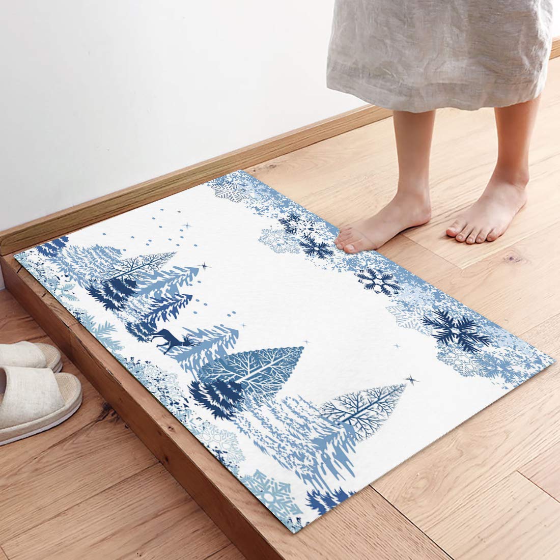 Christmas Winter Kitchen Rugs and Mats Set of 2 New Year Abstract Snowflake Elk Blue Xmas Kitchen Mat,Non-Slip Area Runner Rug,Washable Floor Mat for Home Dining Room Office 16x24in+16x47in