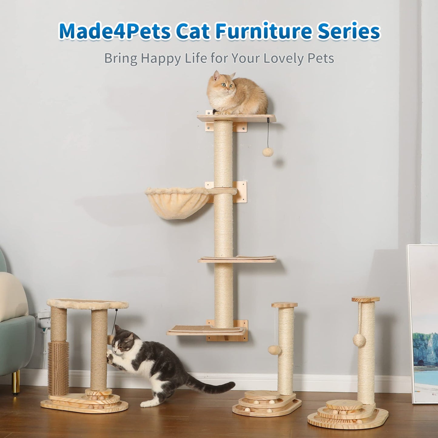 Made4Pets Cat Scratching Post, Cat Self Groomer for Indoor Cats, Cloud Soft Perch for Rest, 17.5" Tall Natural Sisal Scratcher Cat Grooming Interactive Ball Track Toys for Small Cats Kittens