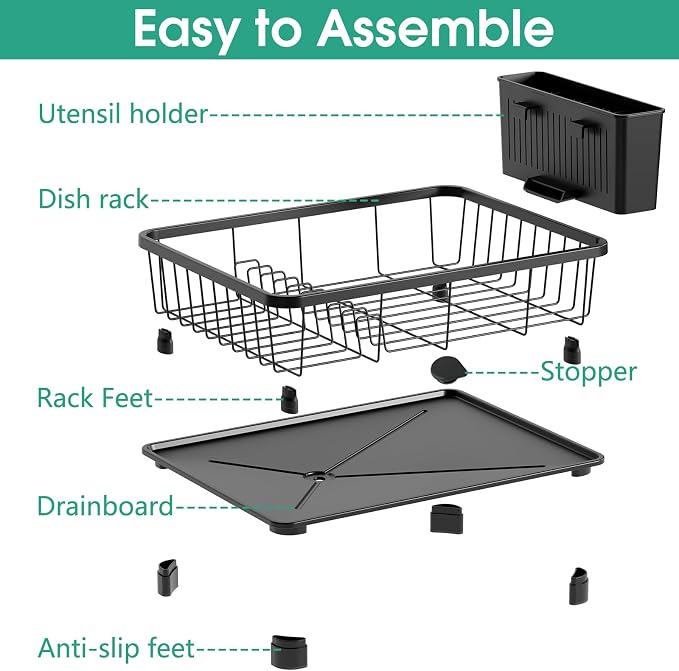 Hiviweer Dish Drying Rack - Space-Saving Dish Rack,Dish Racks for Kitchen Counter with Drainboard, Rustproof Dish Drainer with a Removable 4-Compartment Utensil Holder,Black