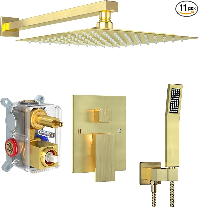 Brushed Gold Shower System with 12-Inch Rain Showerhead and Handheld | Innovative air-injection technology for low pressure, high-flow rate up to 3.22 GPM ensuring powerful consistent stream