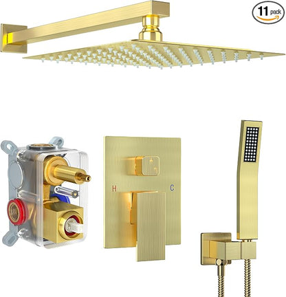 Brushed Gold Shower System with 12-Inch Rain Showerhead and Handheld | Innovative air-injection technology for low pressure, high-flow rate up to 3.22 GPM ensuring powerful consistent stream