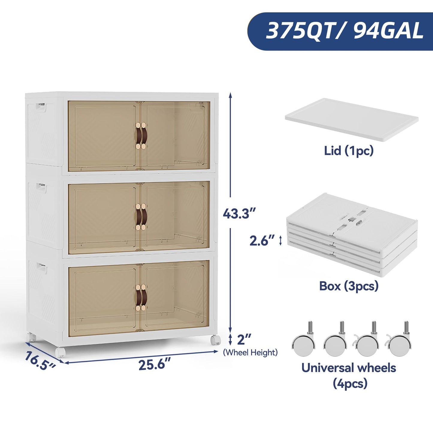 SAILUN 321QT/80Gal Stackable Storage Bins with a Lid, Collapsible Storage Bins With Doors, Folding Cabinet for Home Closet Organization,3 Pack-26 W x 16.5" D x 43.3" H White