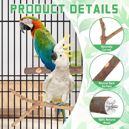 4-Pack Natural Wood Bird Perch Stand with Spacious Platform, Thick & Long Branches, Large Parrot Cage Accessories for African Grey, Macaws, Conures, Eclectus (Medium & Large Birds)