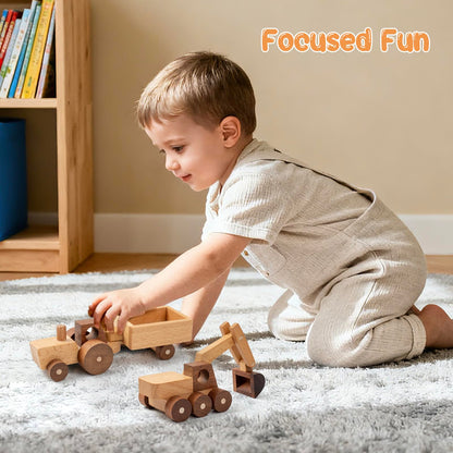 kienvy Wooden Toy Cars for 3 Year Old Boys & Girls - Construction Vehicles Set Push Toys for Toddlers, Wood Montessori Car with Rolling Wheels, Natural Wood Toys (Excavator & Tractor)