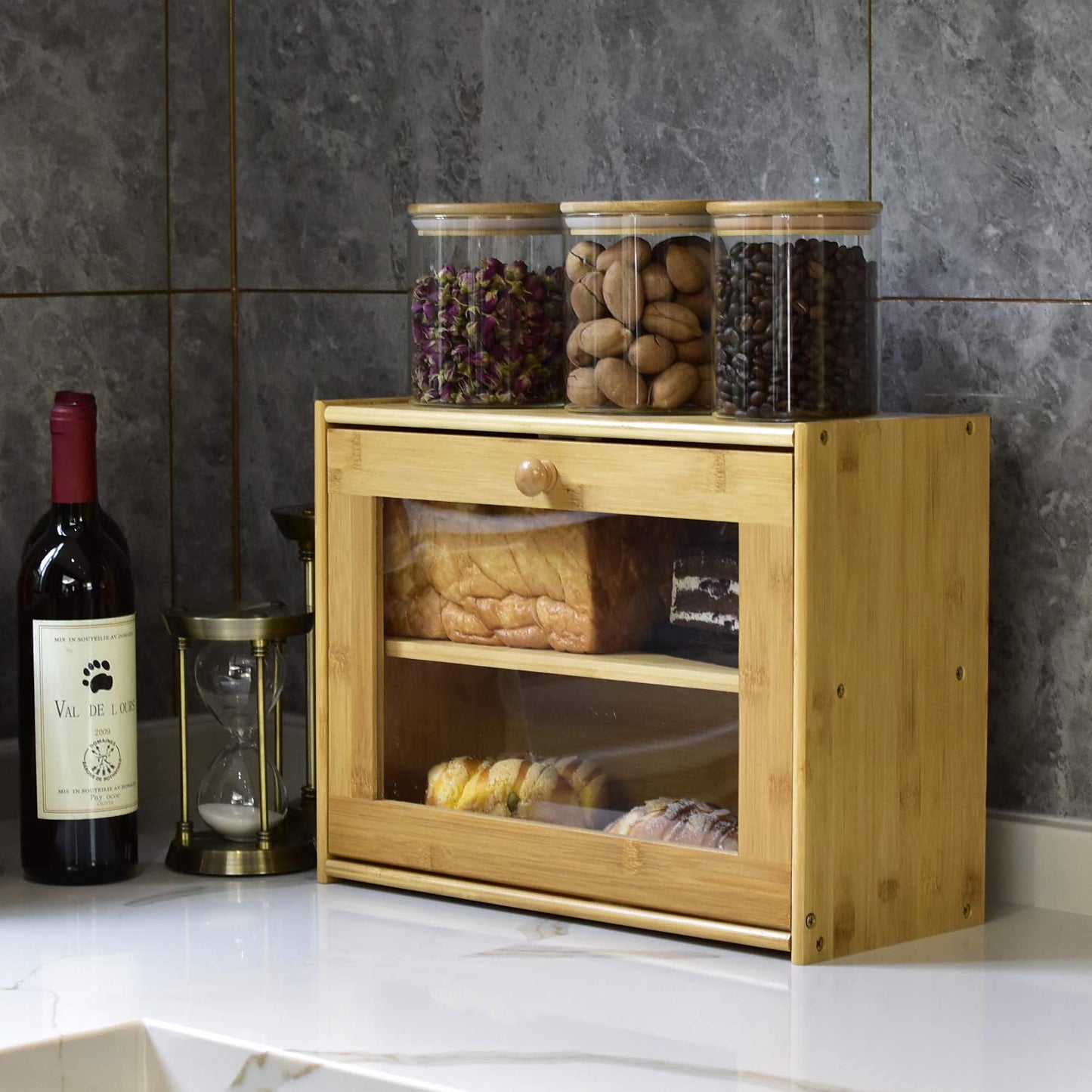 Bread Box, 2 Layer Bamboo Bread Boxes with transparent windows for Kitchen Food Storage, Equipped with three transparent glass storage Kitchen Canisters，15.7" x 6.69" x 12", (Assembled)