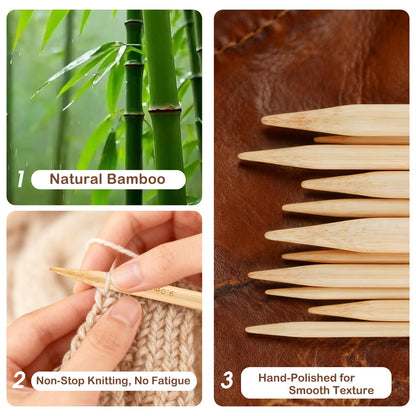 Guclud Bamboo Knitting Needles Set, 5-Inch Interchangeable Circular Knitting Needles US 4-15 (3.5-10mm),12 Pairs of Hand-Polished Circular Needles, 4 Cables, Accessories & Case (Black Tip)