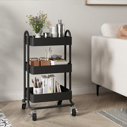 Metal Rolling Cart,3-Tier Metal Rolling Cart with Wheels,3 Tier Utility Cart with Wheels for Office,Home,Kitchen,Garden（13.4"x18.1"x31"） Black