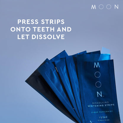 MOON Dissolving Teeth Whitening Strips - Vegan, Easy-to-Use, No Rinse White Strips - Hydrogen Peroxide and Essential Oils Infused Gentle Teeth Whitening Kit - Travel Essentials for Oral Care (56 Ct)