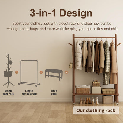 Muwuele Solid Wood Clothing Rack, Rolling Clothes Rack for Hanging Clothes, Garment Rack with Shelves Load 350 Lbs, Portable Closet Organizer on Wheels for Hanging Clothes (Walnut)