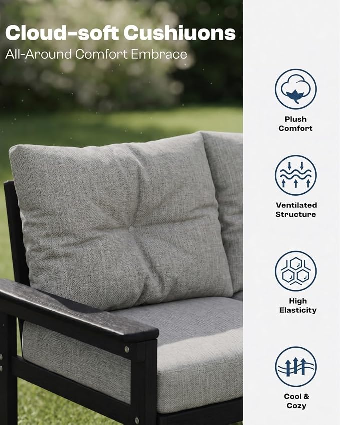HDPE Outdoor Patio Furniture Set, 6-Piece Patio Conversation Sets with Coffee Table & Side Table & Grey Washable Thick Cushions, Outdoor Sofa for Balcony, Porch (Black Frame)