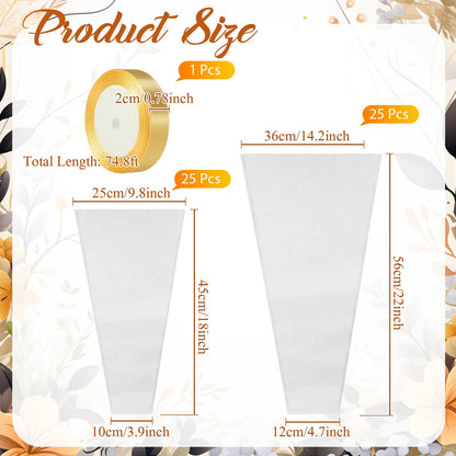 Fullhawl 50 Pcs Flower Bouquet Wrapping Bags 9.8 x 17.9 Inch and 14.2 x 22 Inch Mother's Day Kraft Paper Flower Sleeves Floral Bags with Ribbons for Bouquet Wedding Birthday Graduation (White)