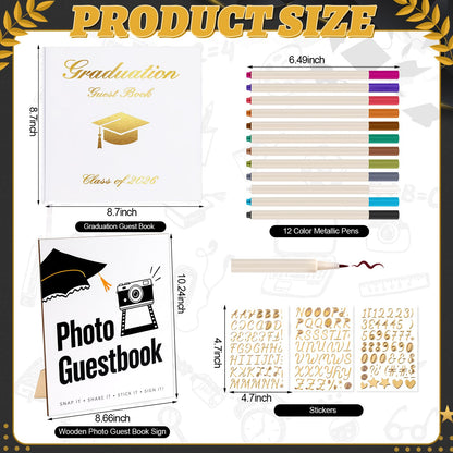 LawnIdyll 2026 Graduation Guest Book with Photo Sign Metallic Pens Stickers 144 Pages Class of 2026 Scrapbook Album Gift Memory Book for High School College Graduation Party Supplies (White)
