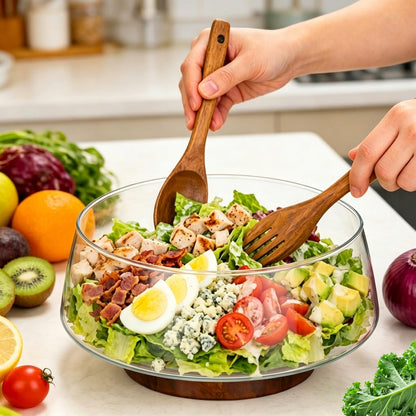 TITINICE 121oz Large Glass Salad Bowl Set with Acacia Wood Base, 3.8QT Clear Serving Bowl with Wooden Spoons, 3600ml Decorative Mixing Bowl for Fruit, Pasta, Party and Thanksgiving (Classic Smooth)
