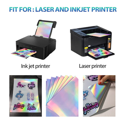 30 Sheets Holographic Sticker Paper for Inkjet & Laser Printer, Printable Vinyl Holographic Sticker Paper Waterproof Self-Adhesive, 8.5 X 11 Inches - Rainbow