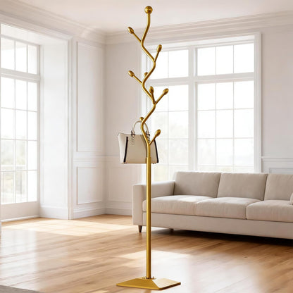 ZEYEXE Gold coat rack,Coat Tree Freestanding heavy duty with 8 Hooks and Sturdy Metal Base for Coat Hats Purses,Tree-shaped Coat Stand for Entryway,Bedroom