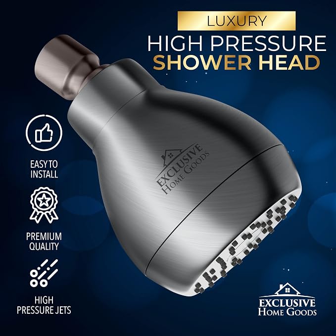 High Pressure Shower Head - Powerful Deluxe Bathroom Showerhead with Strong Spray Stream and Small Silicone Nozzles - Universal Fit Works with High and Low Water Flow Showers Matte Charcoal -1.8 GPM