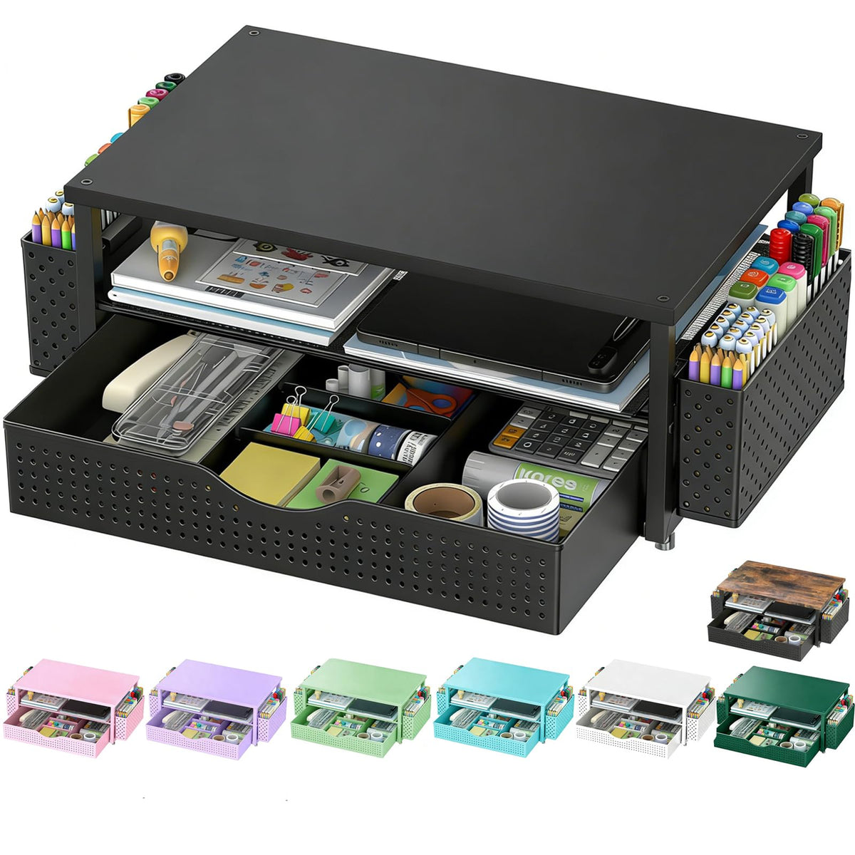 Spacrea Desk Organizer and Accessories, Computer Monitor Stand Riser with Drawer and 2 Pen Holders, Office Desk Accessories & Workspace Organizers for Office Supplies (Black)