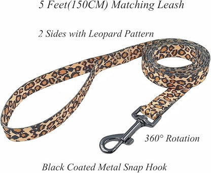 Dog Collar Leash Set, Leopard Pattern, Polyester Material, Adjustable Collar and 5ft Matching Leash, for Small Dogs.(S, Brown Leopard)